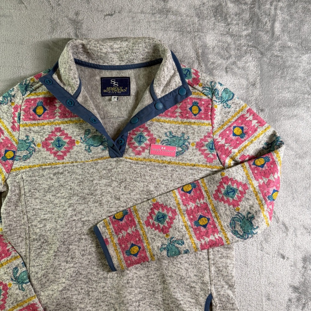 Simply Southern Pullover Aztec Crab Print Quarter Snap Fleece Sweater S